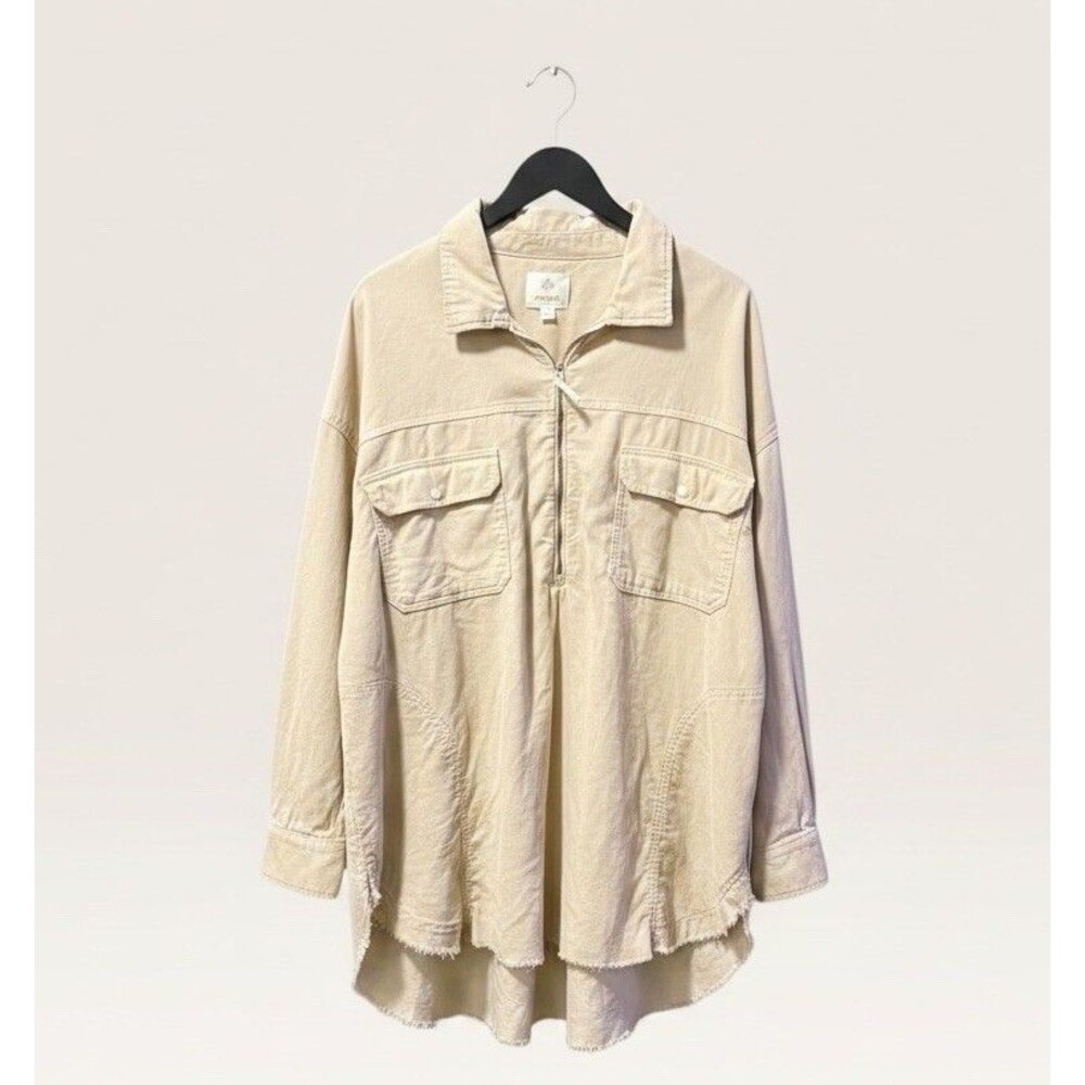 OFFLINE by Aerie XXL Corduroy Quarter Zip Pullover Shacket Tunic Raw Hem Beige